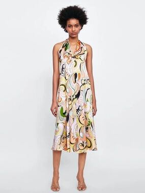 Zara Sleeveless Swirl-Print Halter Midi Dress in Pastel Multi